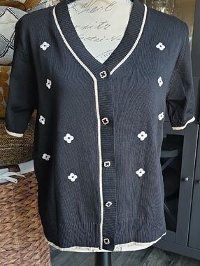 Black Short-Sleeve Button Front Sweater with White Flower Accents